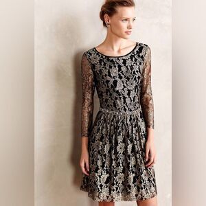 Anthropologie Maeve Shimmered Lacefall Dress Black Metallic Gold Lace Size 2